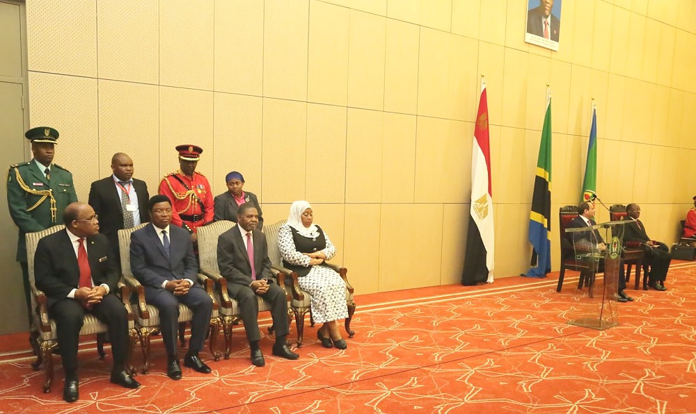 Vice President Hon. Samia Suluhu Hassan, President of Zanzibar Dr. Ali Mohamed Shein, Prime Minister Kassim Majaliwa with  President Dr. Magufuli and his guest Egyptian President Abdel Fattah El-Sisi at the State House  in Dar es Salaam