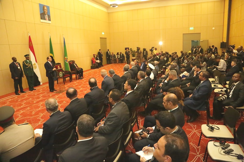Egyptian President Abdel Fattah El-Sisi  makes his address  at the State House  in Dar es Salaam
